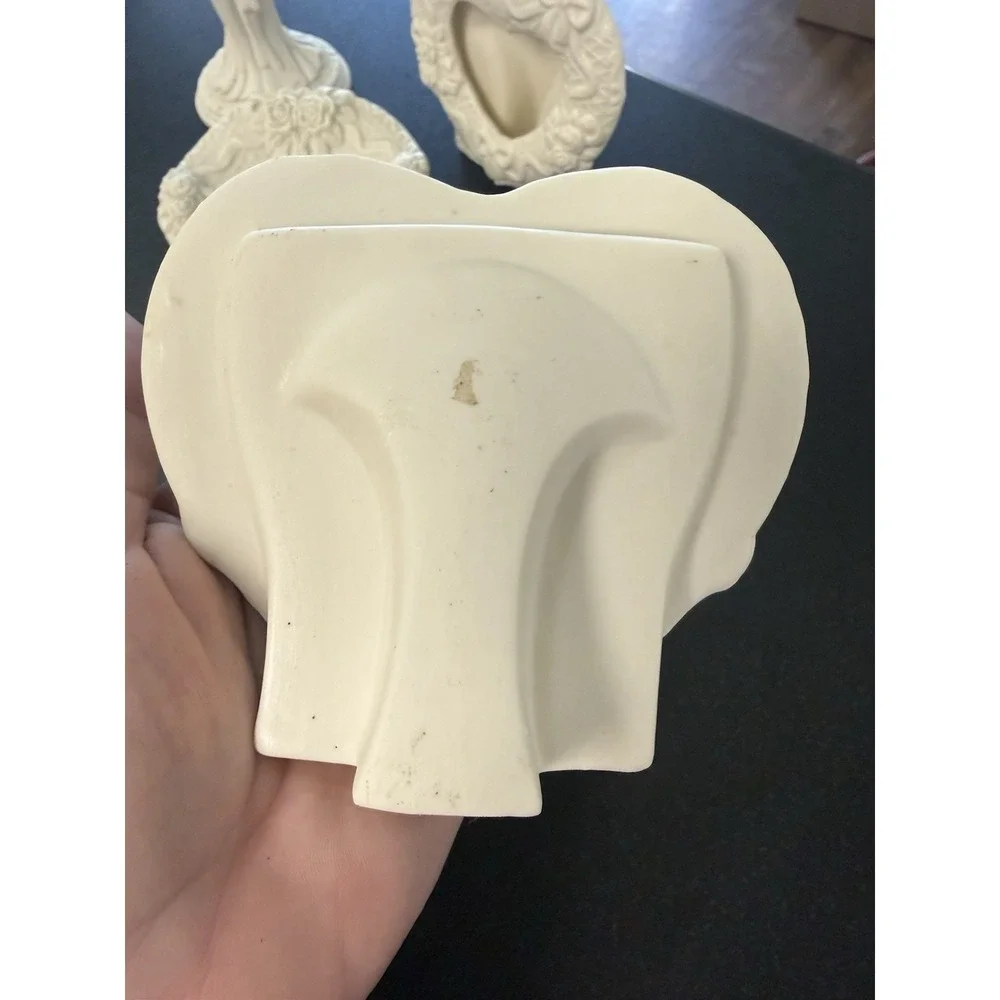 Vintage White Bisque Angel Candlestick Heart Photo Frames Trinket Dish Set